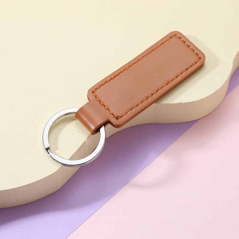Macaron Color Bright PU Leather Keychain Double-sided Car Thread Small Gift Metal Pendant PU Key Chain Simple KeyChains Keyholde