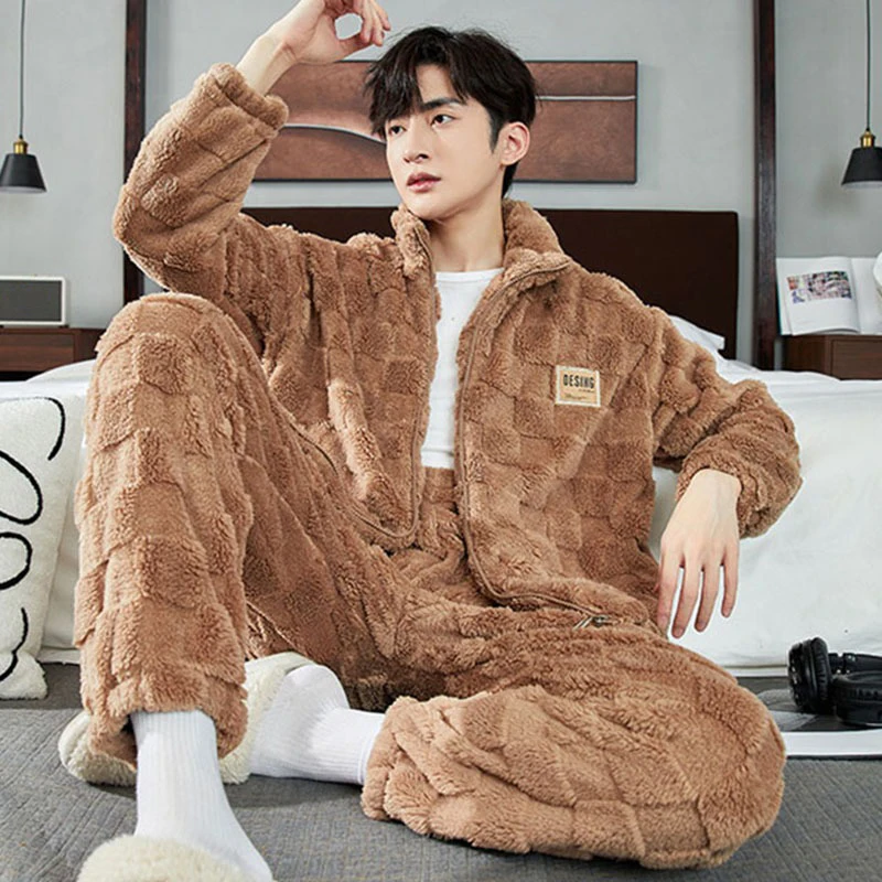 Long Plush Men's Pajamas Plaid Flannel Pyjama Pants 2 Piece Home Wear Man Velvet Thickened Sleepwear Zipper Pj Autumn And Winter