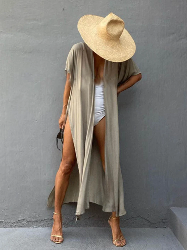 Swimsuit Cover Ups for Women Beach Cape Tunic Kimono Summer Belted Split Wrap Dresses Pareo Holiday Bathing Suits Factory Supply - 4