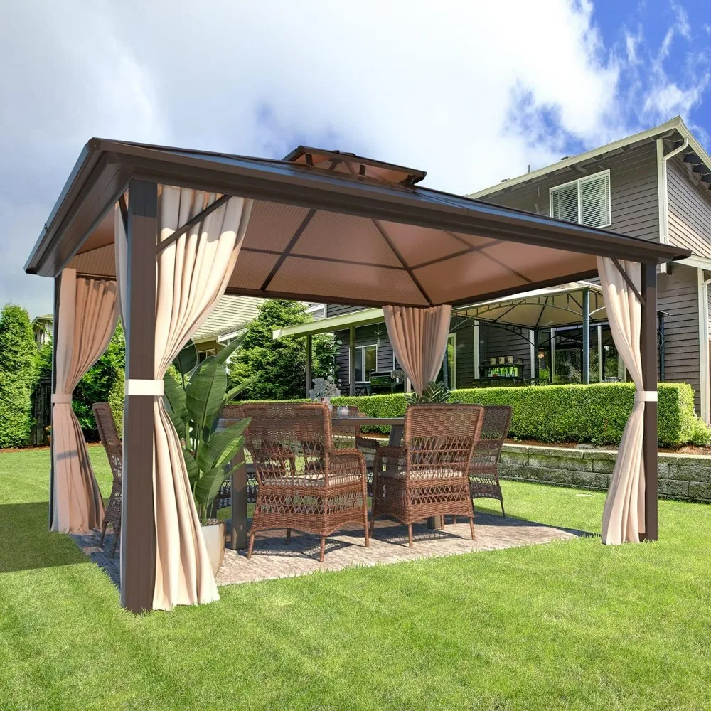 Hardtop Gazebo, Outdoor Polycarbonate Double Roof Canopy, Aluminum Frame ermanent Pavilion with Curtains and Netting,