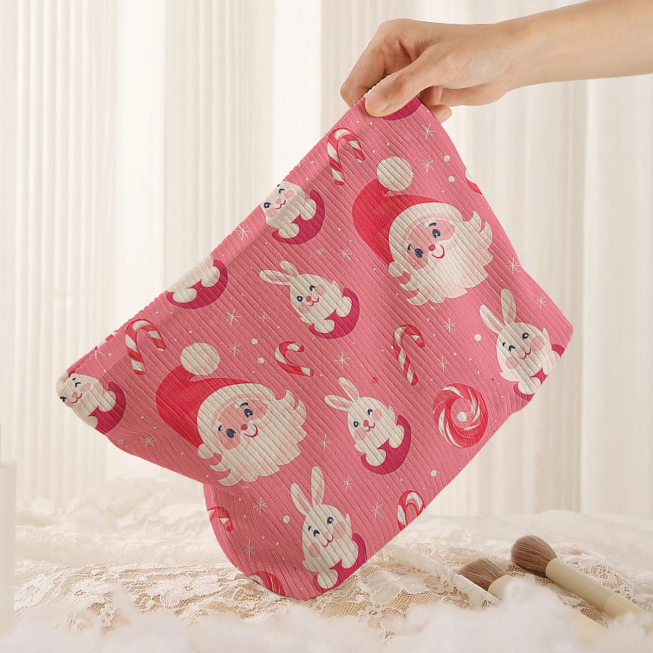 1 Christmas themed corduroy makeup bag, lightweight zipper makeup storage box, multifunctional bag with lining