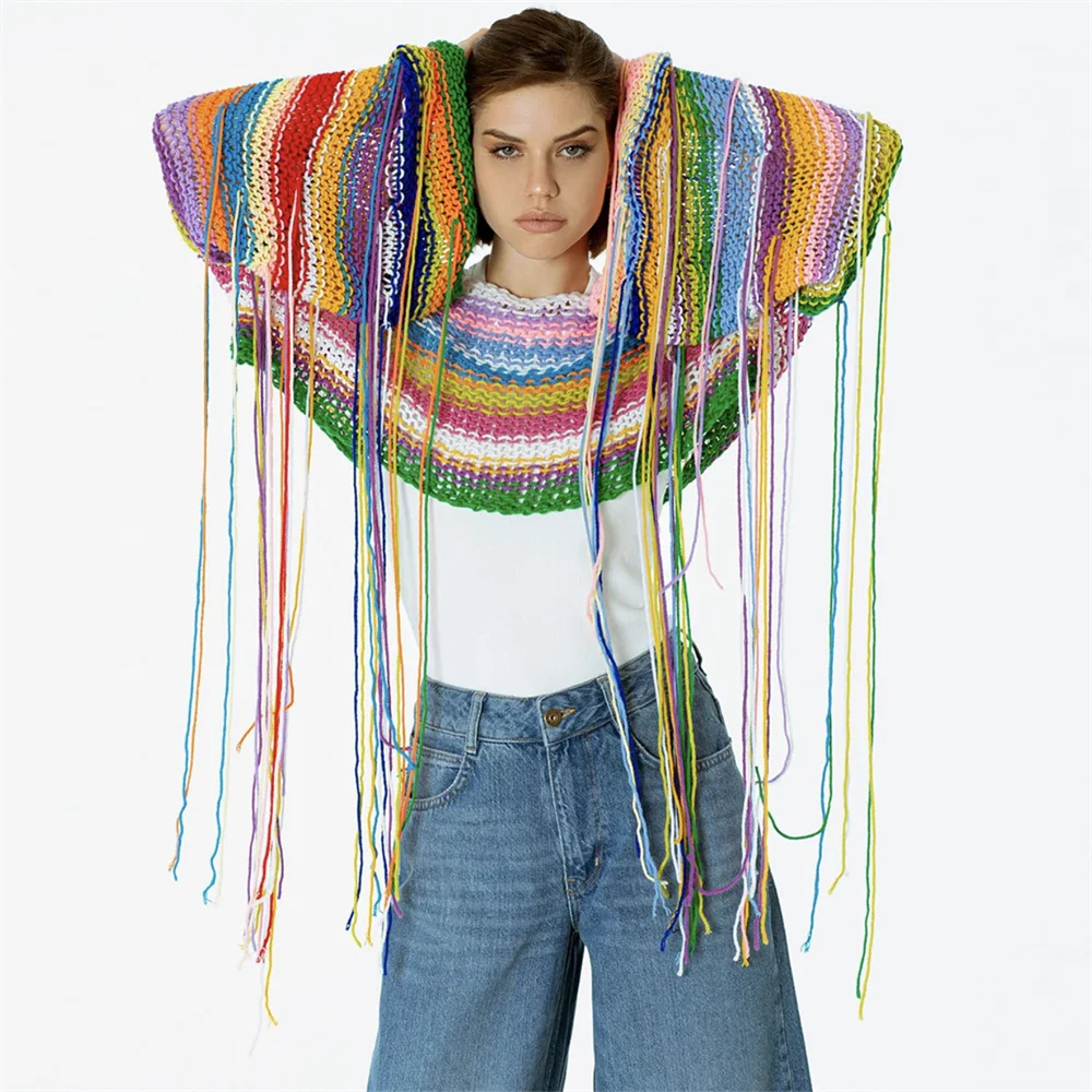 

Rainbow Knitted Stripe Long Flare Sleeve Tassel Sweater Autumn Y2K Crochet Hollow Out Oversize Crop Top Female Beach Pullover