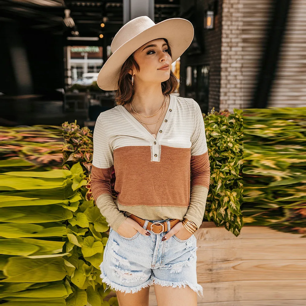 

Shi Ying Orange Stripe Color Block Long Sleeve Top Women's Loose Versatile T-shirt 25117808