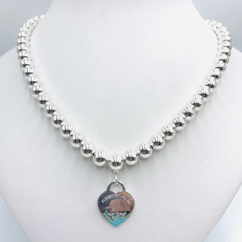 FashionClassicHeartPendant8mmBeadNecklace925SilverWomensLuxuryBrandJewelryWedding