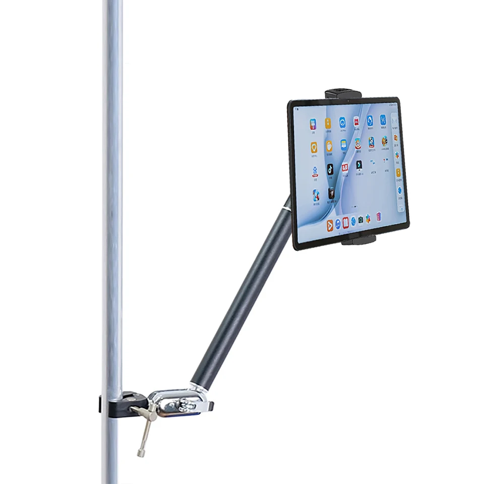OUTMIX 조절 가능한 마이크 음악 스탠드(클램프 포함) 롱 암 태블릿 폰 홀더 4.7-13인치 iPad Pro Air iPhone Surface용 알루미늄 마운트