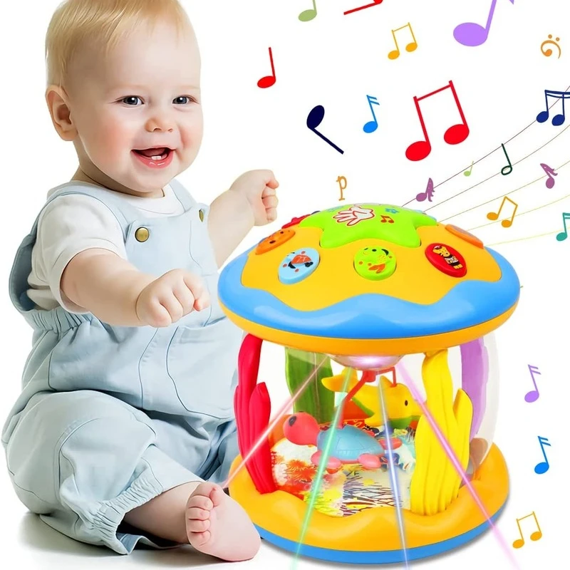 

Baby Musical Learning Infant Toys 360 Degree Rotation Music Light Hand Drum Ocean Rotating Light Up Projector Toys for Toddlers