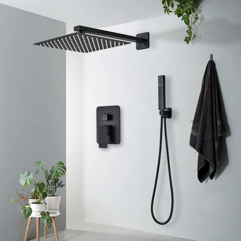 Black Shower Faucets System Bathroom Wall Mounted Rainfall Shower Kit Concealed Embedded Box Hot Cold Water Mixer Tap SUS304 1