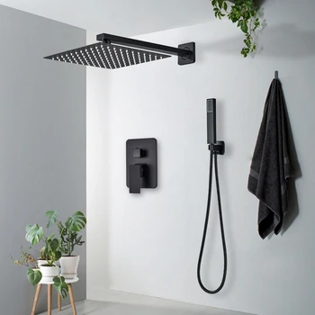 Black Shower Faucets System Bathroom Wall Mounted Rainfall Shower Kit Concealed Embedded Box Hot Cold Water Mixer Tap SUS304 1