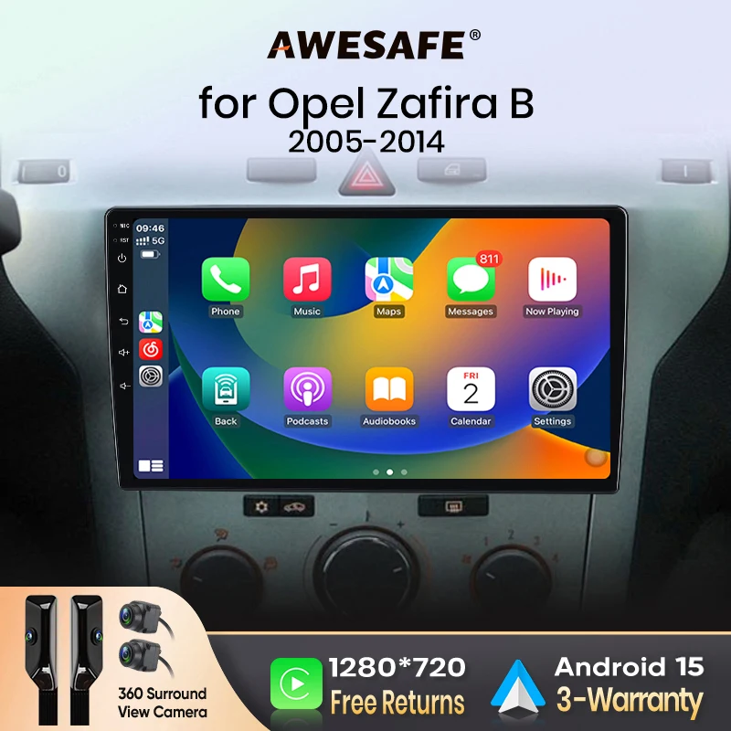 AWESAFE CarPlay inalámbrico Android Auto para Opel Zafira B Astra H 2005-2014, radio para coche, reproductor multimedia, estéreo, Wi-Fi, navegación GPS, 2 Din, autorradio, sistemas inteligentes para coche, 1280*720 IPS, unidad principal, FM, RDS, DSP, SWC, BT, Plug and Play, ISO 1