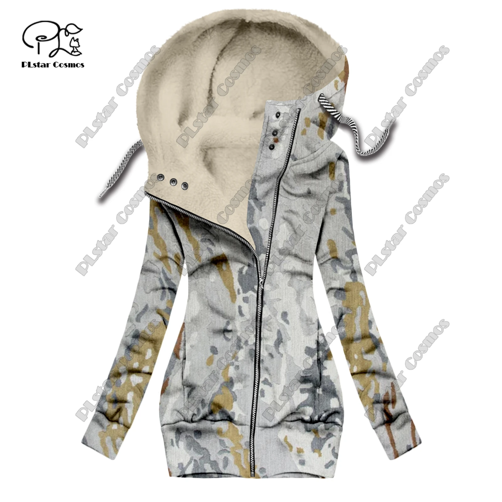 New 3D printing retro series carpet print pattern plus velvet warm women's long zipper hoodie jacket commuting casual winter F-2