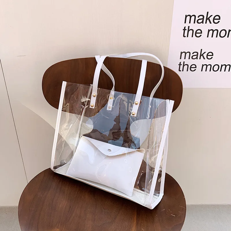 Fashion Transparent Combination Bag For Women Large Capacity Shoulder Bags Casual Girls Jelly Bag Shopper Bag Summer Beach Bag
