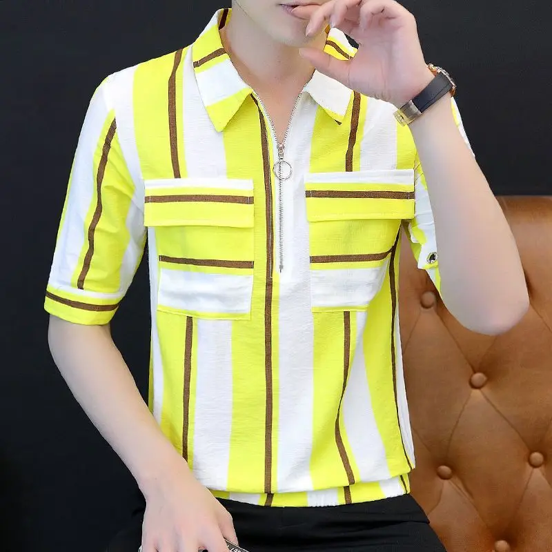 Spring Summer Fashion Polo Neck Short Sleeve Clothing for Casual Versatile Western Commuting Stripes Comfortable Men's Shirts