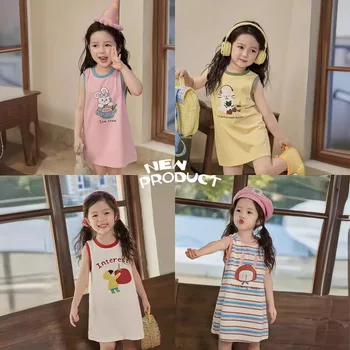 Vestiti Casual Estivi per Bambine, Abiti Senza Maniche con Motivi Cartoon, Vestiti da Principessa per Bambine, Abbigliamento per Bambini 3-8 Anni
