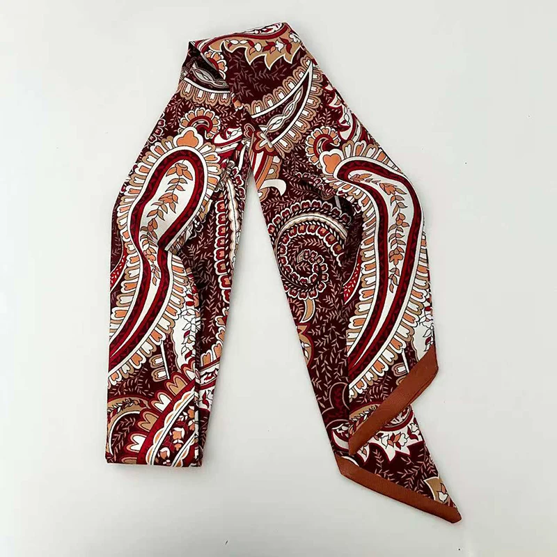 2026 Neu eingetroffen: Damen schmaler langer Schal aus bedrucktem Chiffon-Seide, rotes Gummi-Band, schwarzes Taschenband, Stirnbänder, Choker, Streamer, 7x140 cm – Detail 11