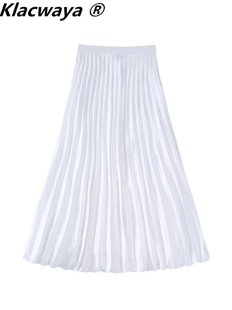 

Klacwaya White Skirts Woman Fashion 2022 High-Waisted Skirt Elegant Long Satin Skirt Vintage Pleated Woman Clothes