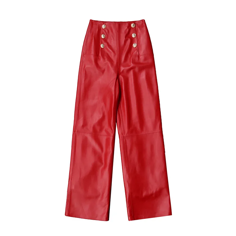 Women's Double Breasted Sheepskin Leather Pants, Straight Trousers, High Waist, Metal, Spring, Autumn