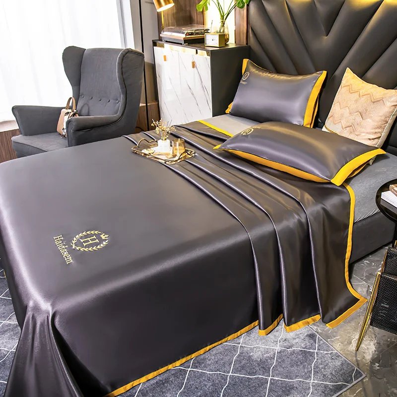 3pc Set New Embroidered Bed Sheet Ice Silk Mattress Cover Fitted Sheet Queen King Size Fabric Single Double Sheet Home Sheets 5