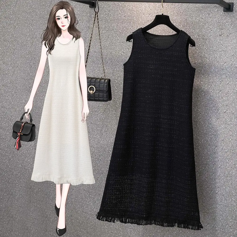 

Elegant Knitted Tank Dresses For Women Large Size 4XL Spring Autumn Female O Neck Sleeveless Black Apricot Loose Tassel Vestidos