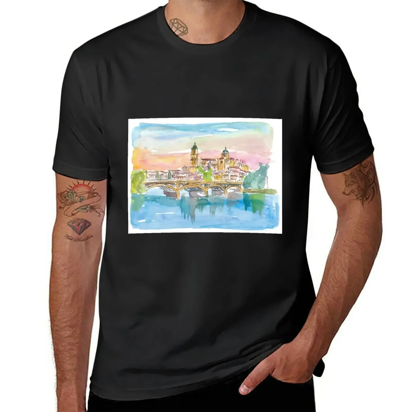 

Salamanca Spain Cathedral and Tormes Bridge T-Shirt vintage plus sizes quick-drying men graphic t shirts