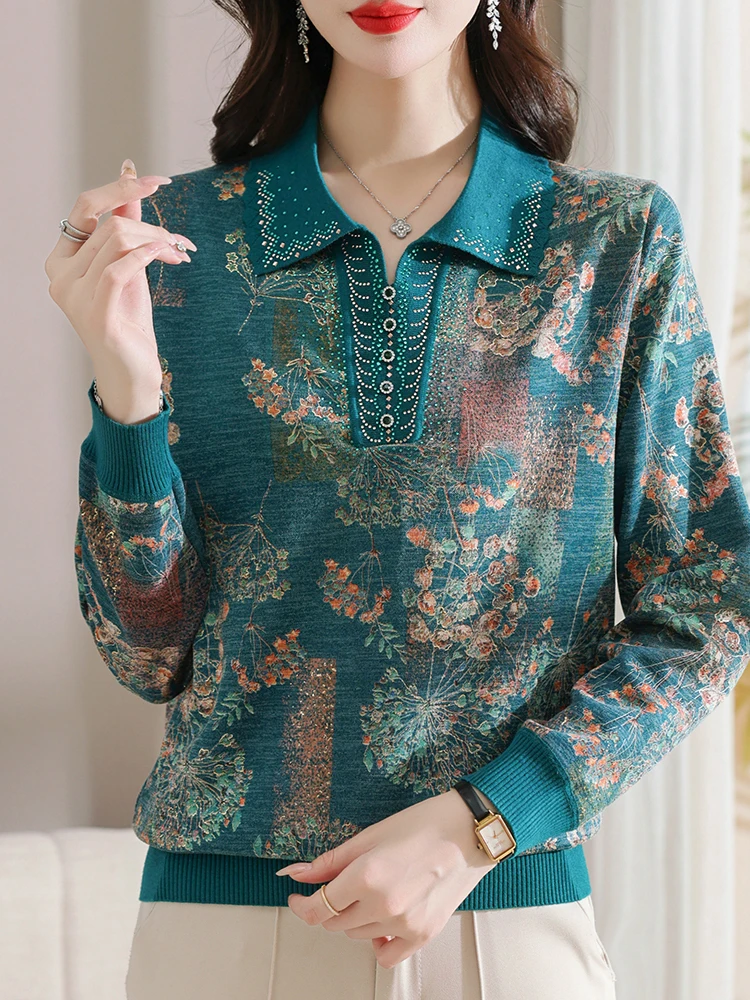 

Print Sweater Women Autumn Spring Korean Fashion Pullover Femme Women Clothing Causal Lapel Sweaters