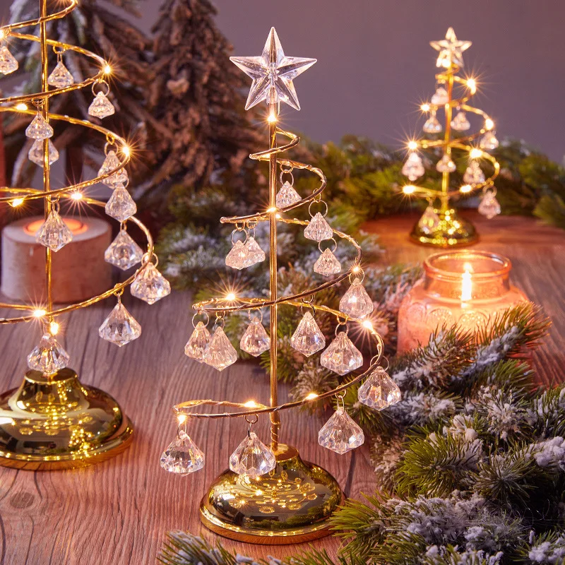 Crystal Christmas Tree LED Spiral Light Table Ornament Wrought Iron Xmas  Tree Bedroom Desk Lamp Christmas Atmosphere Night Light - AliExpress