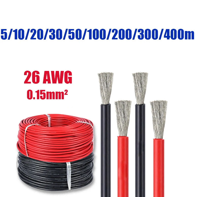 26AWG Heat Resistant Red Black Silicone Cable 30M 50M 100M Tinned Copper Electrical Power Cable for Automotive Lithium Batteries