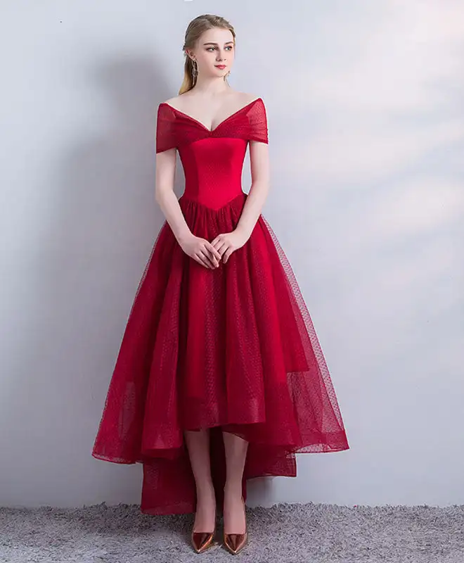 

Vintage Hi-Lo Red Tulle Evening Dresses Off Shoulder Asymmetrical Length Prom Dress Robes de Soirée for Women