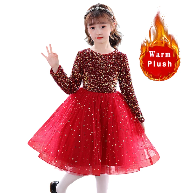 

Winter Red Sequined Knee-Length Sleeves Kids Junior Princess Fluff Lining Flower Girls Dress Birthday Wedding Party Tulle Gown