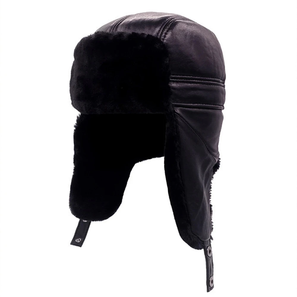 Mens hat Male Casual Winter Warm Sheepskin Leather Cap 100% Natural Real Sheepskin Leather Bomber Hats