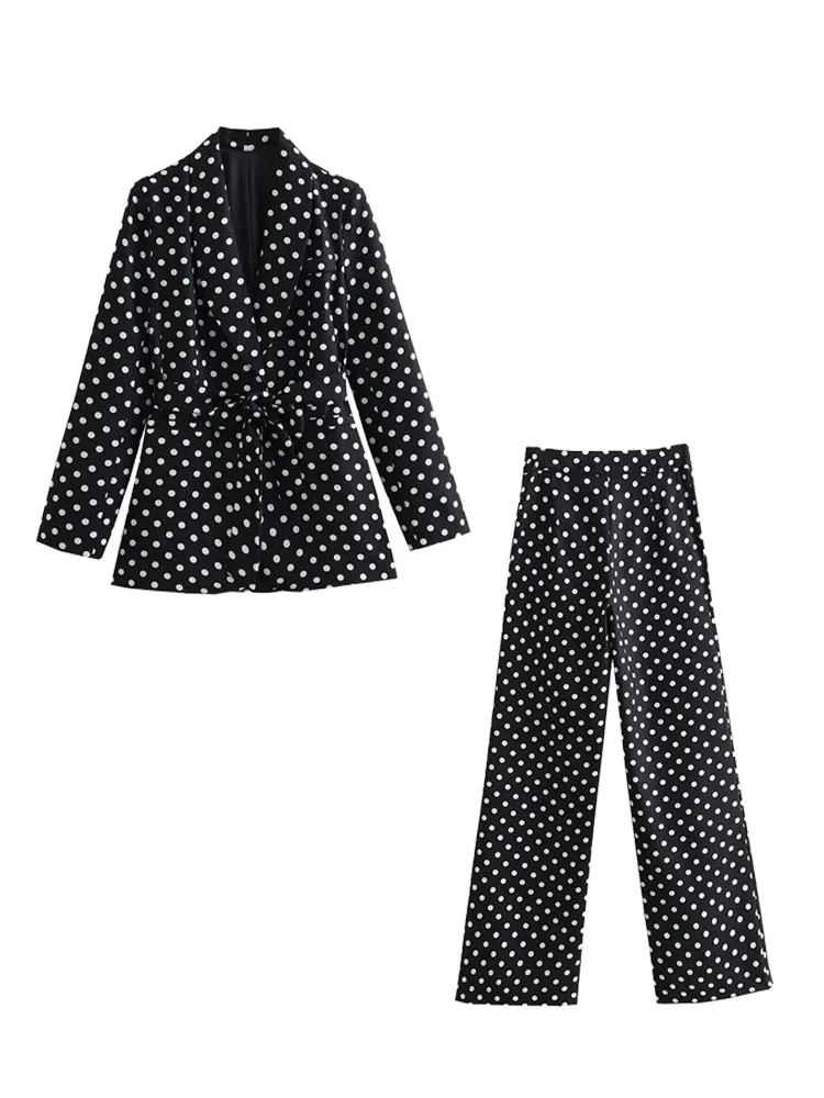 

HH TRAF Women's Autumn Dot Blazer Suits Loose Lapel Jacket with Belt High Waist Straight Leg Pants Office Lady Suit 2Pcs Set