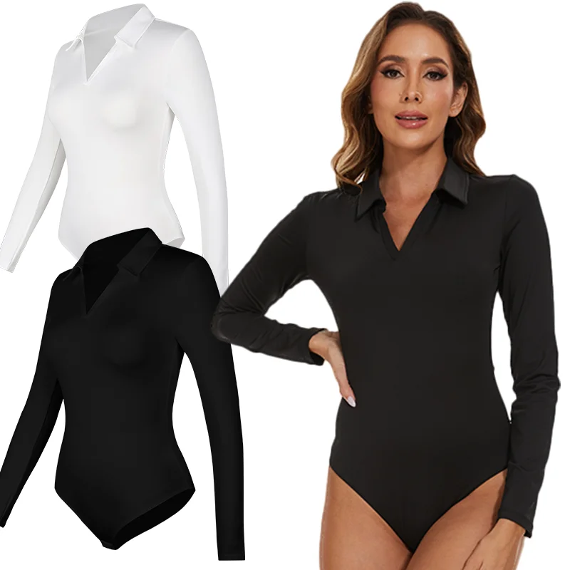 Body Sexy à manches longues pour femmes, col rabattu, col en V, contrôle du ventre, chemise de levage des fesses, Compression sans couture 1