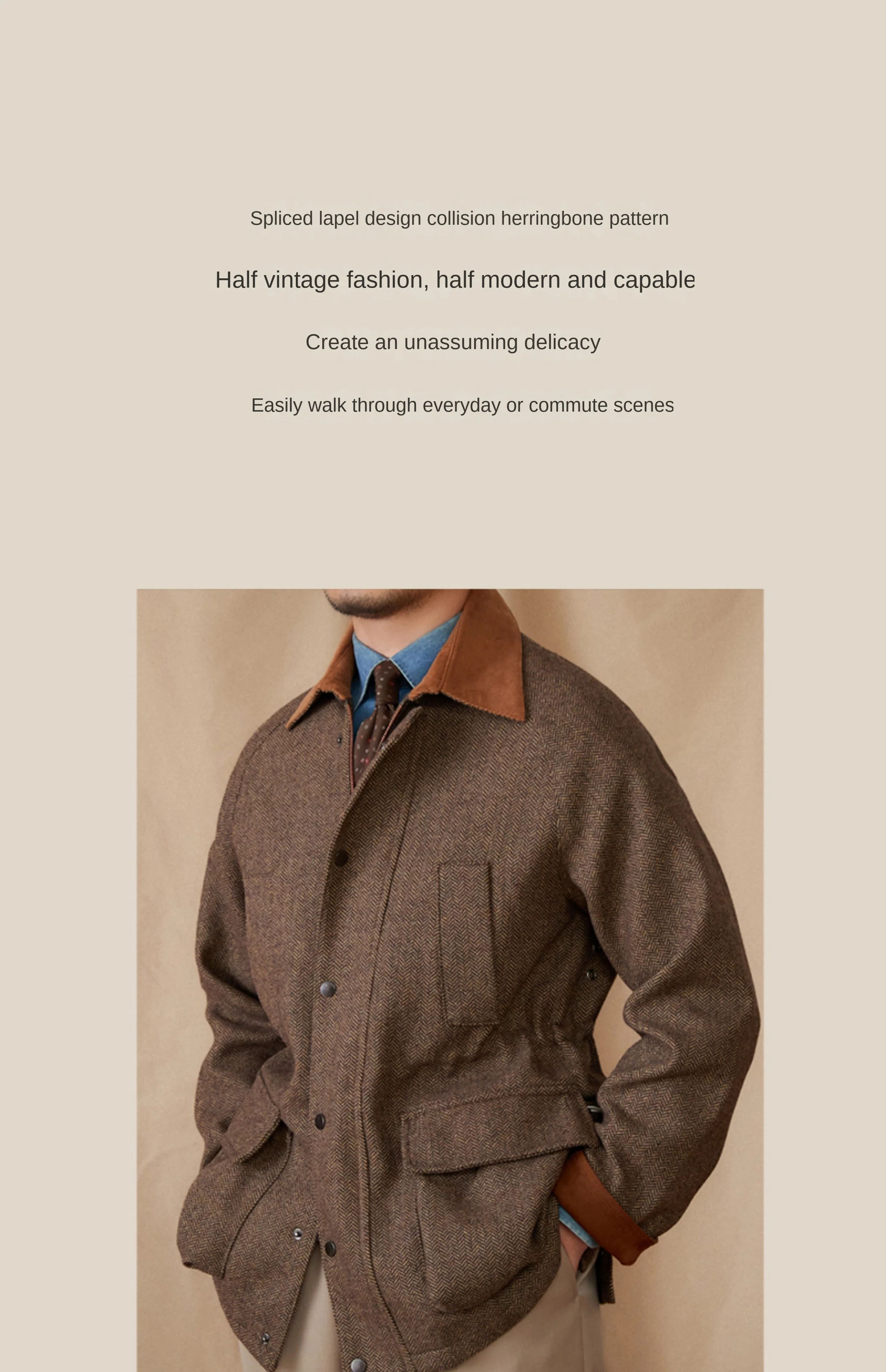 Italienische Herbst- und Winterjacke aus 50% Wolle, Jagdjacke, Alltagstaugliche Vielseitige Jacke mit Kontrastkragen, Warme Retro-Jacke für Herren – Detail 2