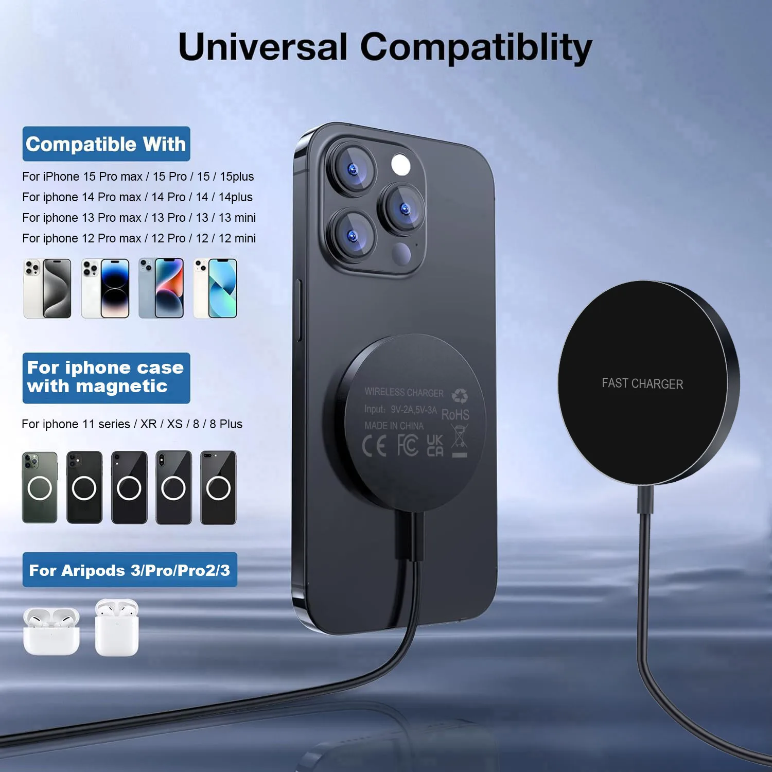 마그네틱 고속 무선 충전기 충전 장치, 아이폰 15 14 13 12 11 프로 맥스 미니 USB C 8 플러스 XR 맥스 에어팟 프로 2 3, 15W