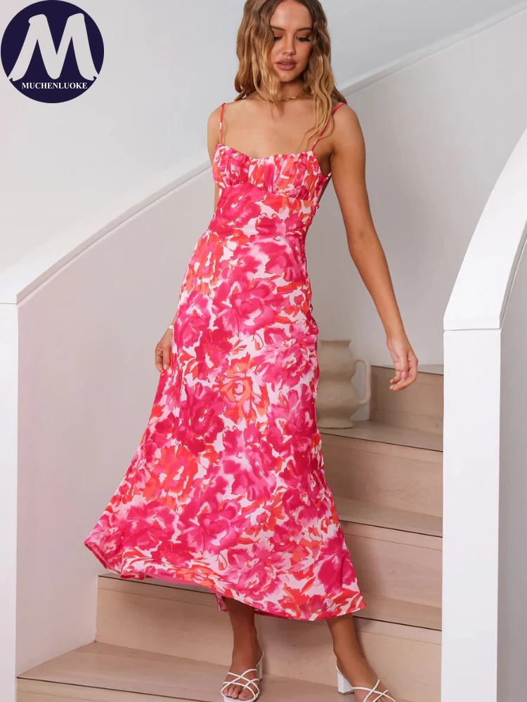 

Элегантные платья для женщин, Новинка лета, платье на бретелях без рукавов с принтом, модное приталенное женское платье с открытой спиной