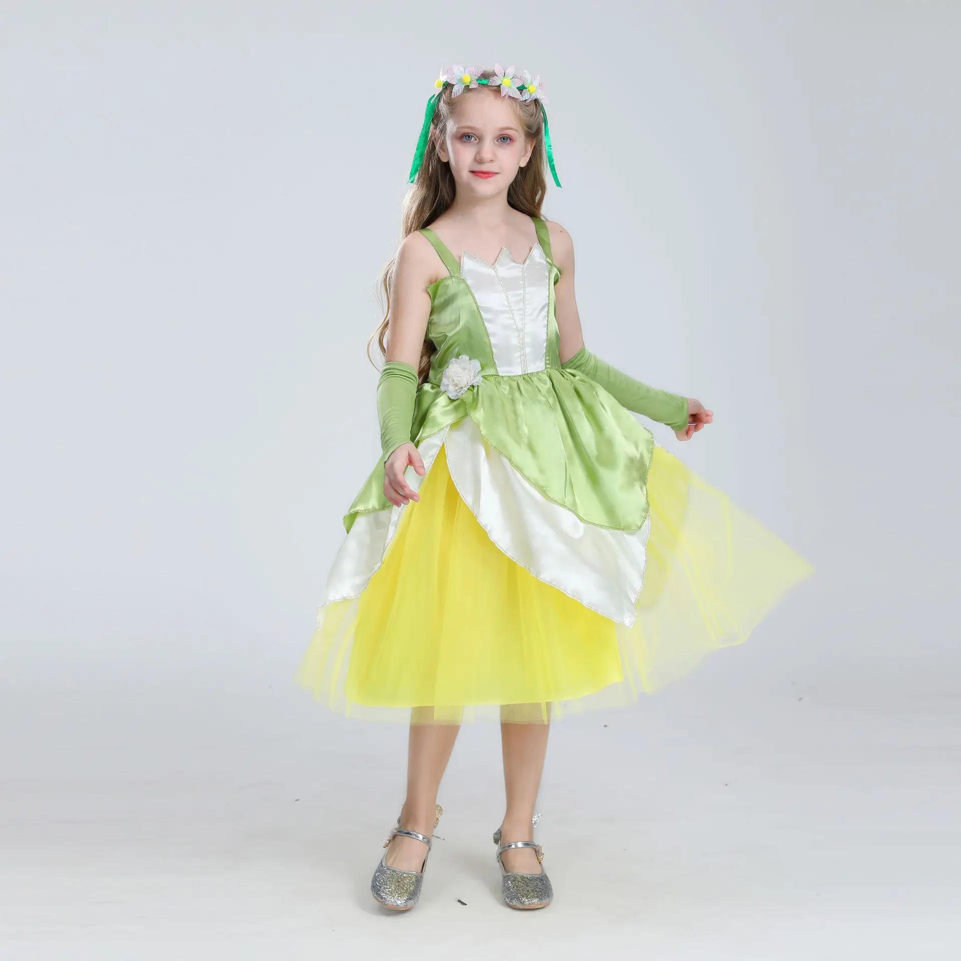 

Flowers Elf Tiana Princess Stage Performance Mesh Dress Kids Girls Halloween Christmas Birthday Party Cosplay Costume