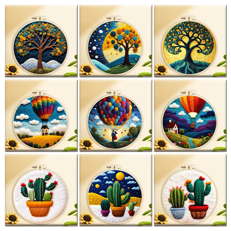 CHENISTORY Needle Felting Kit Starter, Felting Kit For Beginners Hot Air Balloon Tree Scenery Diy Needle Painting Art