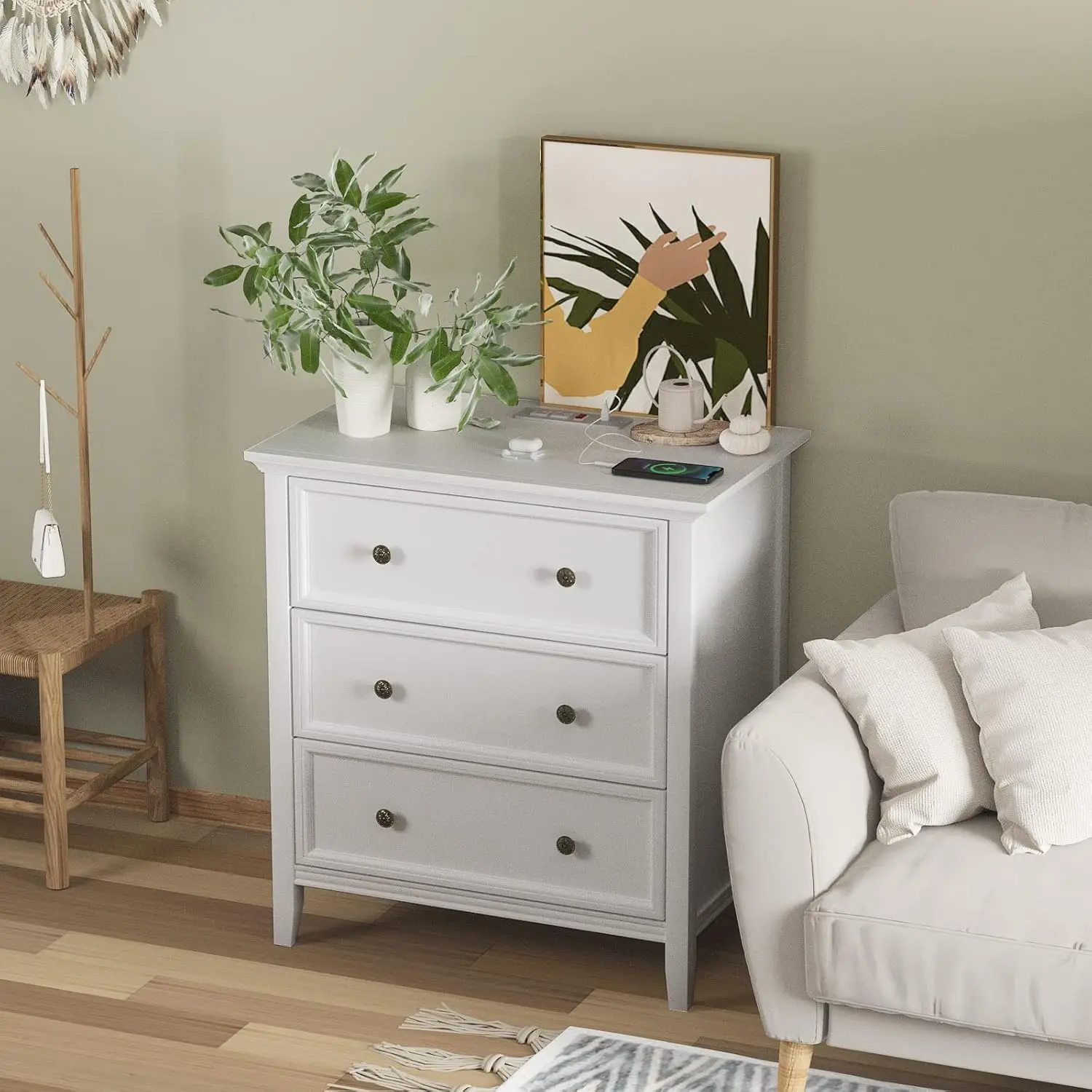 White Nightstand with 3 Drawers and Charging Station, Solid Wood Nightstand Organizer for Bedroom