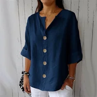 Summer Loose Shirt Women's V-Neck Cotton Linen Button Top Casual Shirts Solid Fashion Elegant Office Womens Clothing 2025 Blouse 1