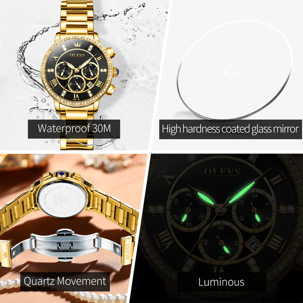 OLEVS New Luxury Gold Watch for Women Stainless Steel Waterproof Calendar Chronograph Quartz Watches Womens Relogio Feminino