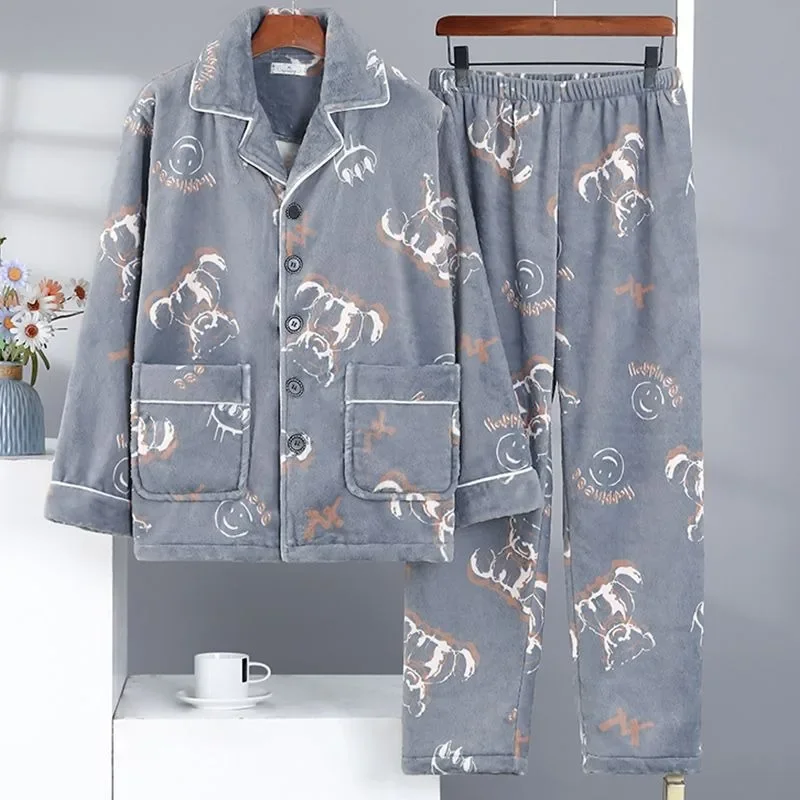 2024 New Pajama Men Long-sleeved Coral Fleece V-neck Autumn Winter Sleepwear Young Middle-aged Flannel Large Size Homewear Suit