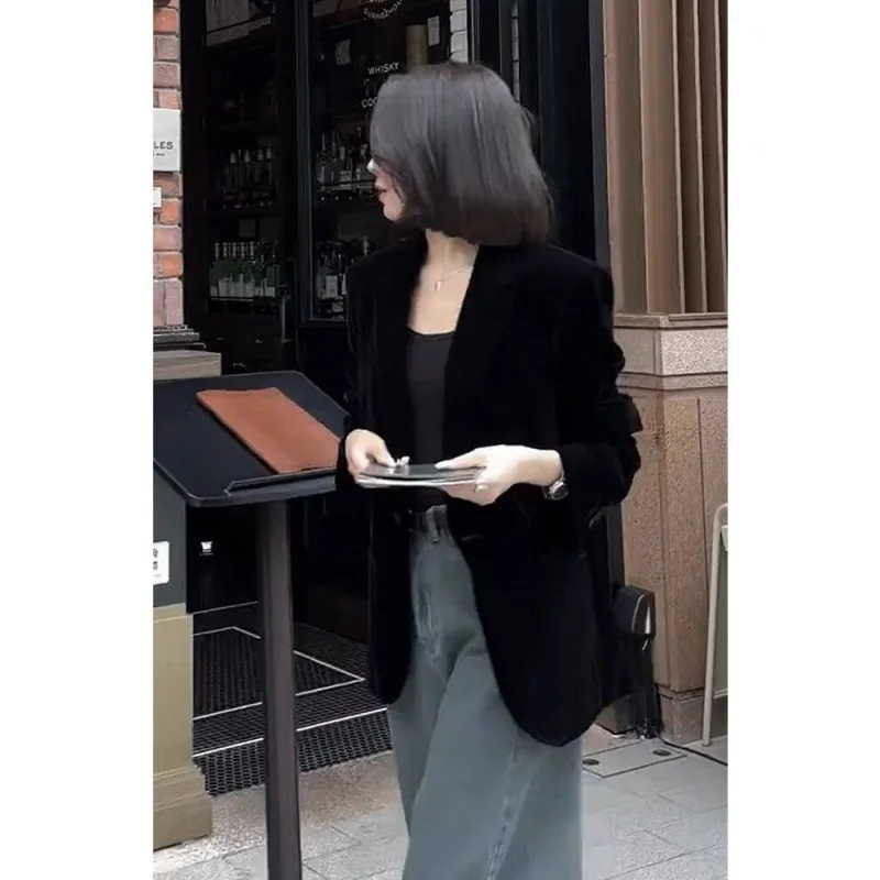 Autumn New Black Velvet Women's Blazer Fashion Long Sleeve Single Button Casual Loose Temperament Suit Top Female Outerwear 3