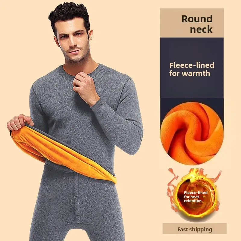 Men's Thermal Underwear Fleece Lined Thickened mid High Collar Top Self Heating Home Clothes Polyester Fiber Warmth Daily Wear