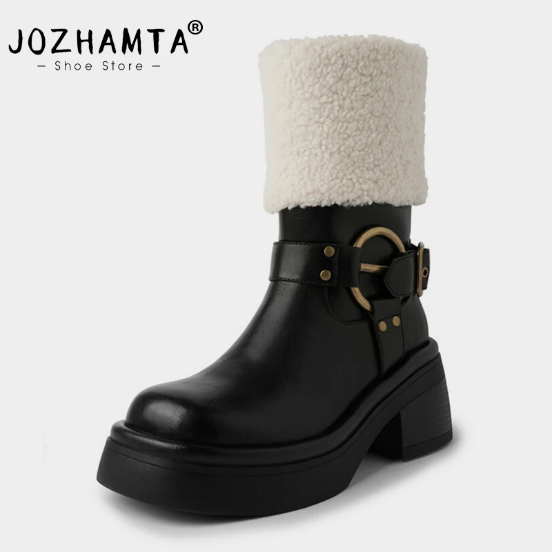 

JOZHAMTA 2024 Warm Casual Women Ankle Boots Autumn Winter Fur Fashion Shoes Woman Platforms Genuine Leather Snow Boot Size 34-39