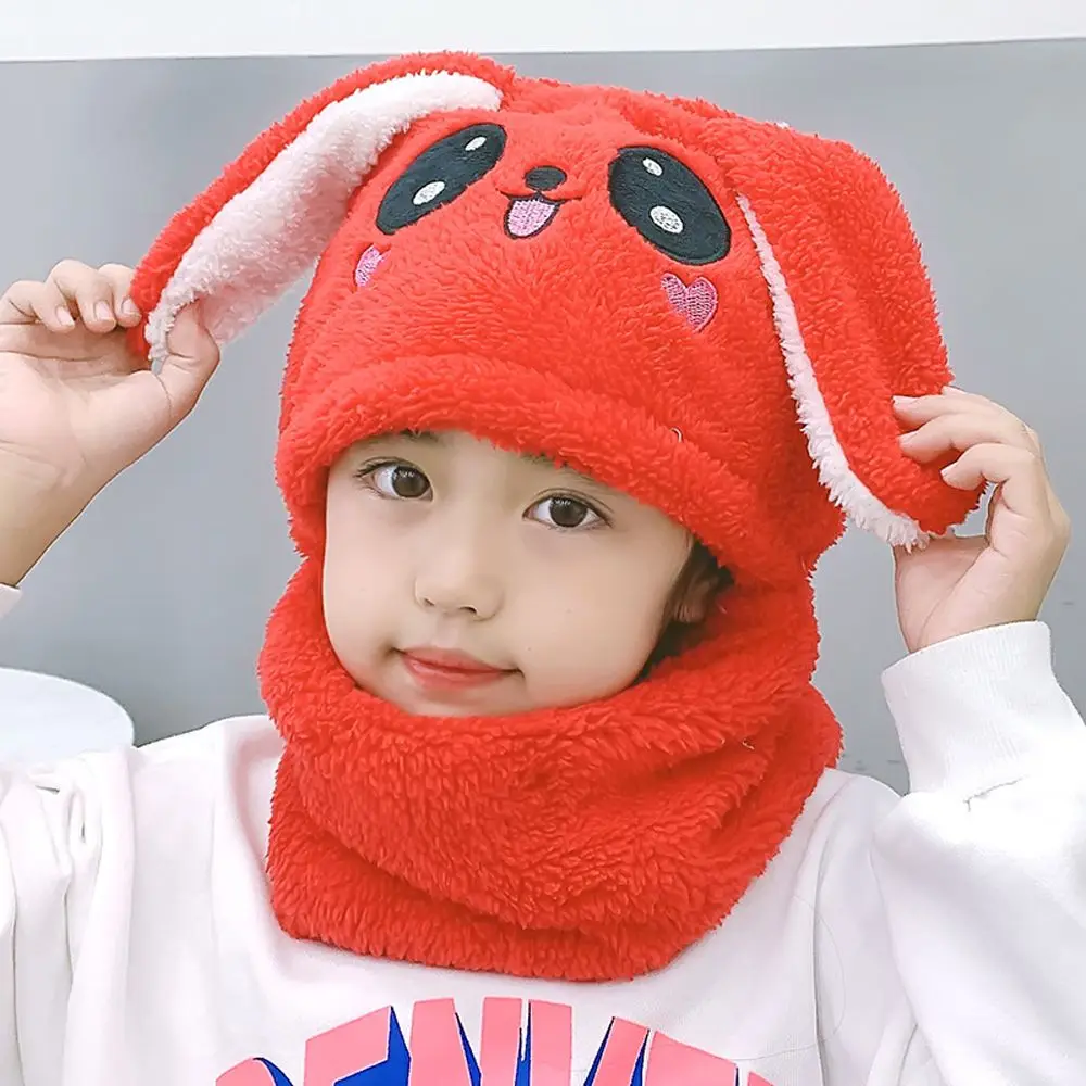 Warm Cute Rabbit Bunny Fashion Design Ear Protector Face Protection Korean Cap Children Hat Plush Hat With Bib