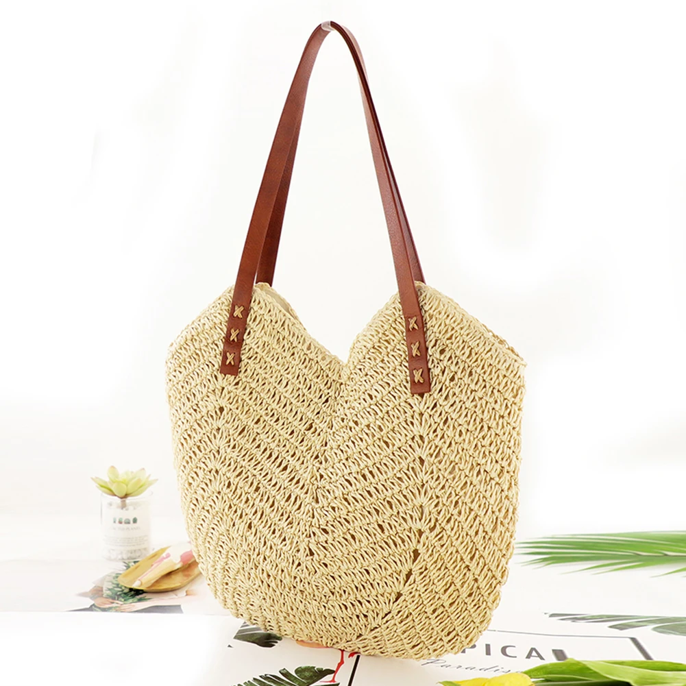 Hollow Weaving Hand Bag Paper Rope Commute Bag Summer Handmade Fashion Casual Simple Elegant Portable for Travel Vacation