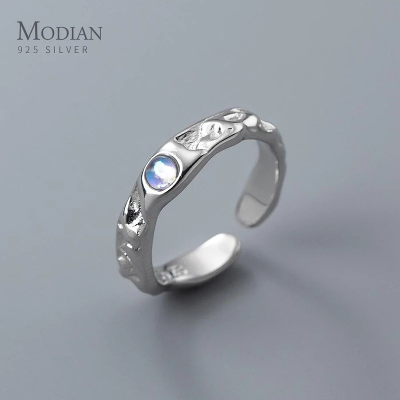 MODIAN  절묘한 월장석 오픈 사이즈 반지, 불규칙한 깨진 실버 블록, 여성용 파인 주얼리 선물