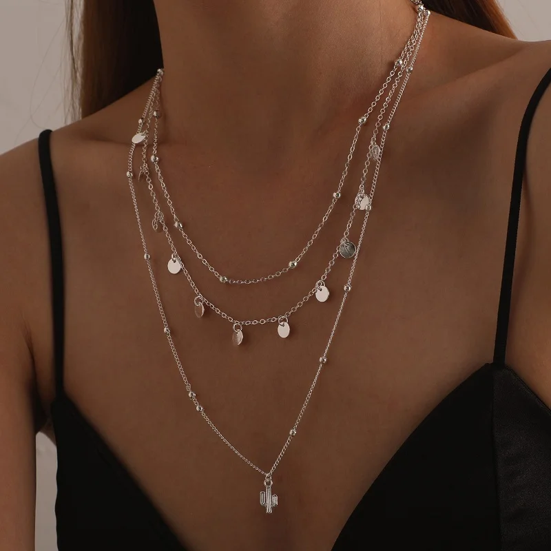 Silver Color Multi-Layered Cactus Pendant Necklace for Women Exquisite Round Beads Collarbone Chain Jewelry Gifts