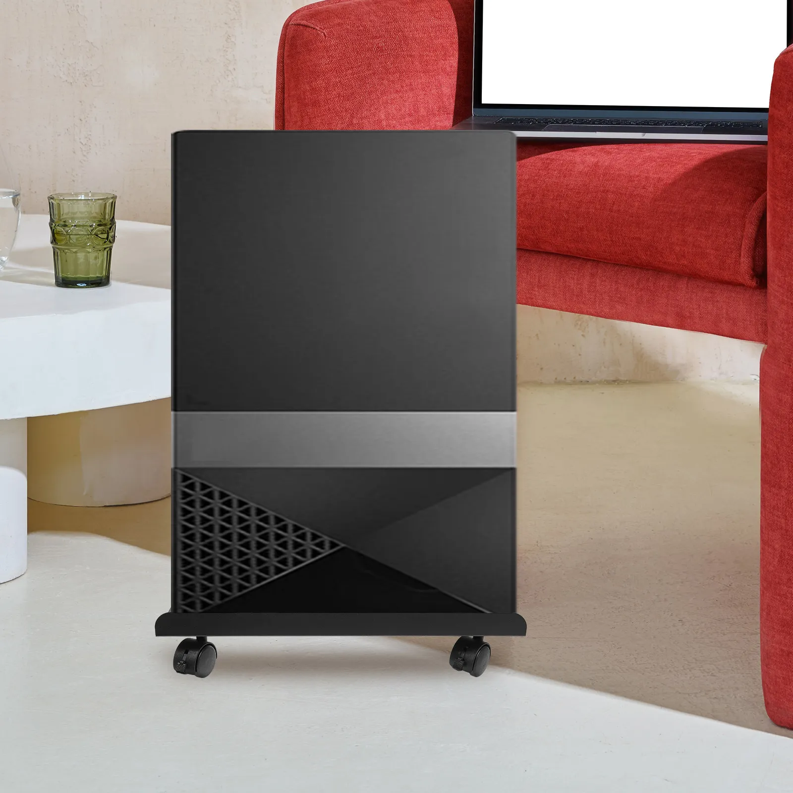 헤비 듀티 롤링 컴퓨터 타워 스탠드 CPU 홀더, 매끄러운 광택 마감, 슬림한 블랙 마감, 좁은 공간에서도 사용 가능한 이동식 PC 카트