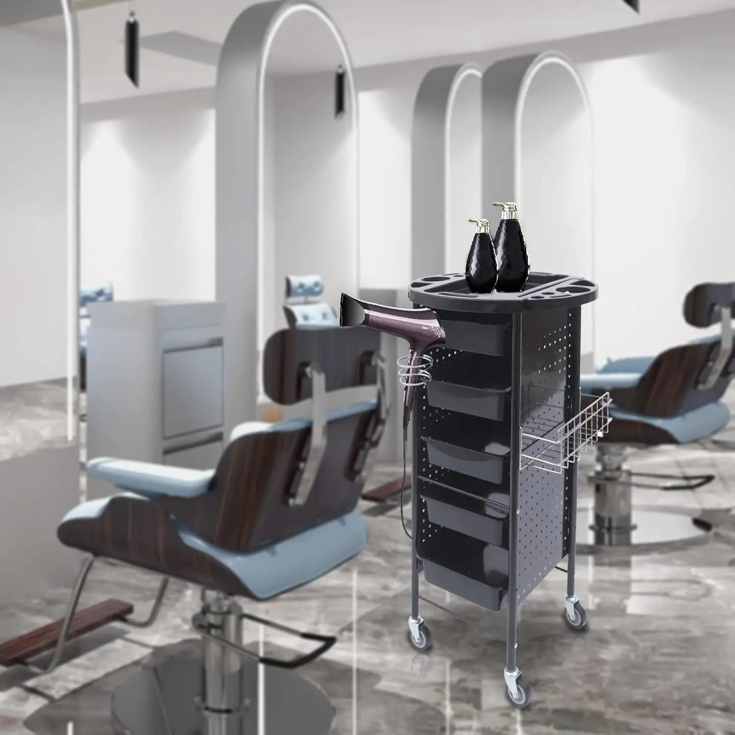 Friseurwagen, 6-stufiger Friseursalon-Aufbewahrungswagen mit Rädern, Haartrocknerhalter, 5 Schubladen, Salon-Hilfe-Wagen – Detail 2