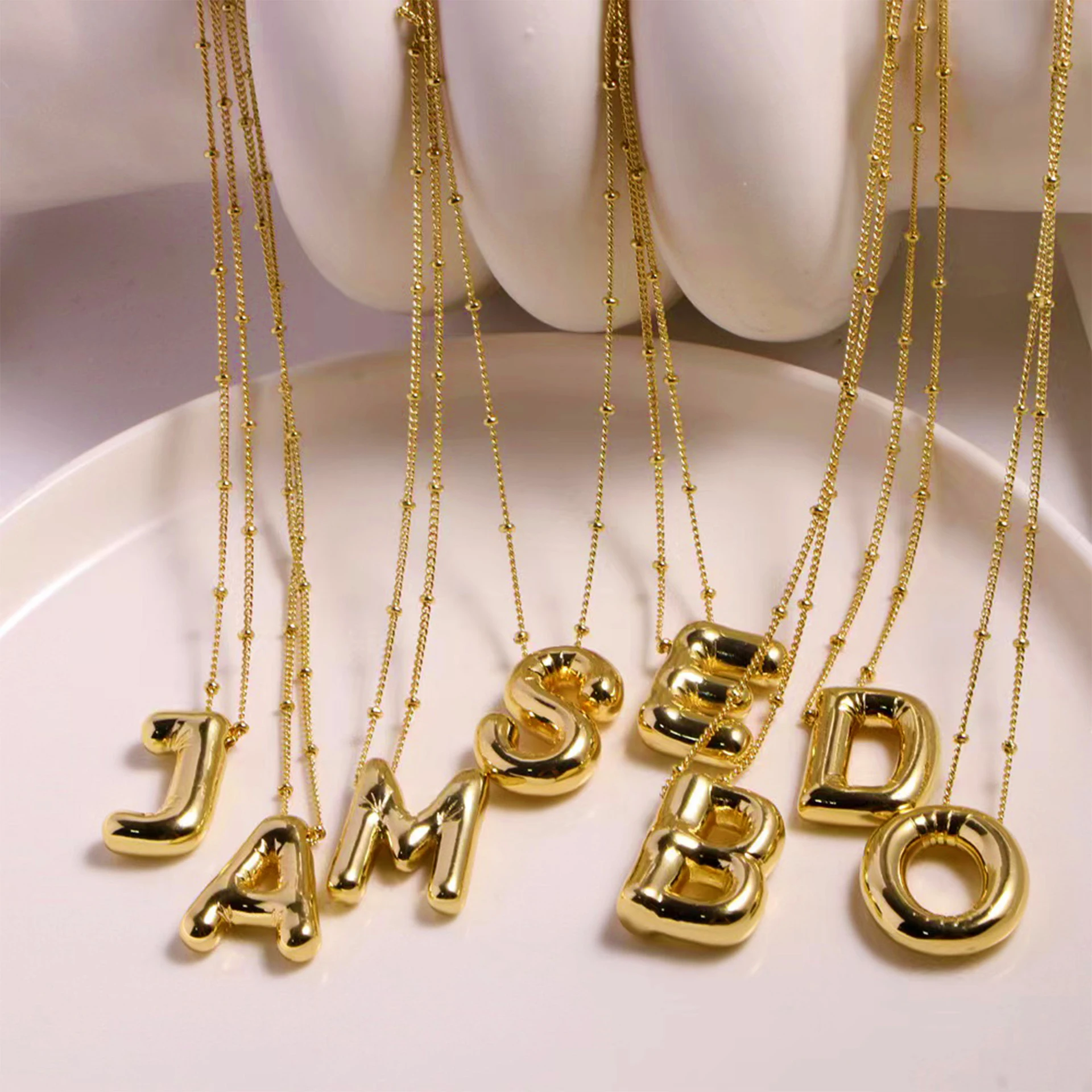 Vintage Stainless Steel Balloon Bubble Chunky Letter Necklace for Women 18K Gold Plated Initial Necklaces Collar